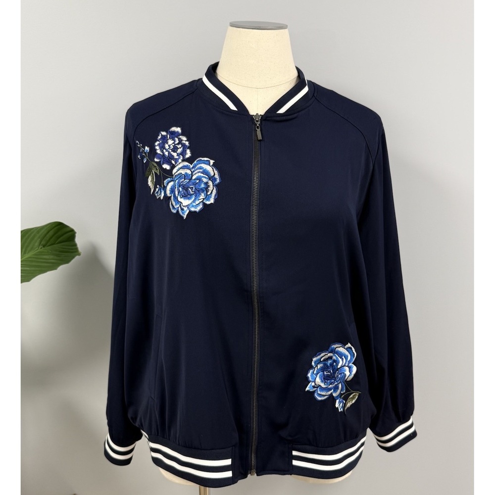 Susan Graver Embroidered Bomber Jacket Women's 2X Blue Baseball Style Full Zip
